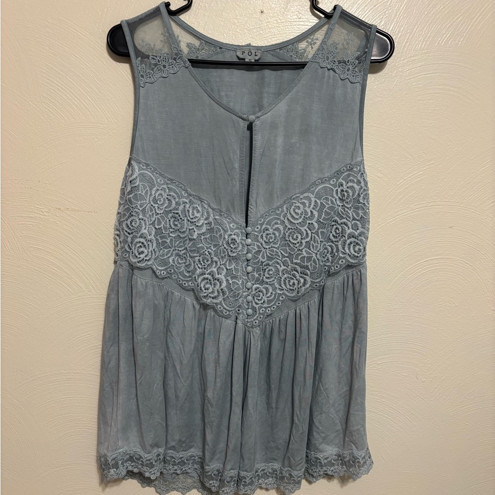 POL Dusty Blue Lace-Front Sleeveless Camisole Top
